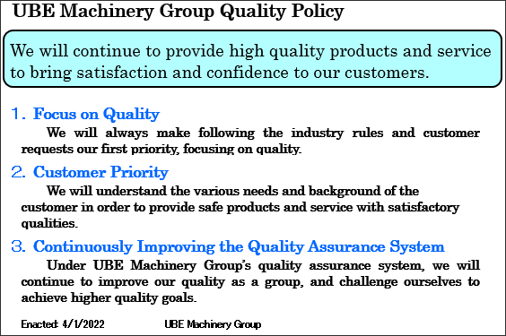 UBE Machinery Group Quality Policy