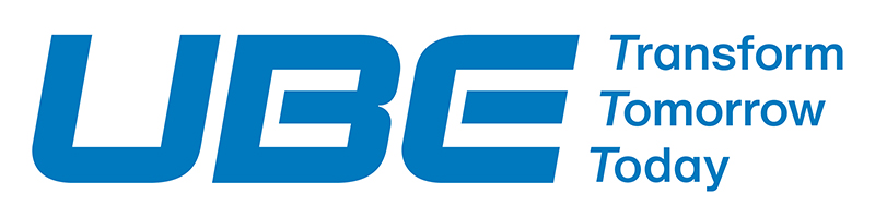左側にロゴマーク「UBE」があり、右側にタグライン「Transform Tomorrow Today」が並んだ構成のタグラインロゴ。
